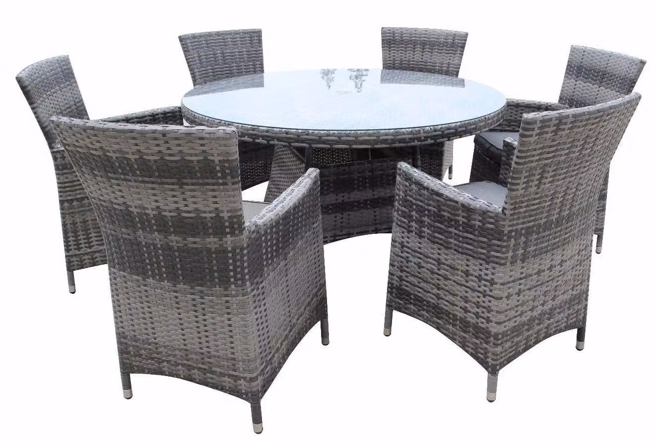 FURNITURE ONE 7 Piece Round Outdoor Dining Set with Powder Coated Aluminium Frame and Glass Top in Grey – 2