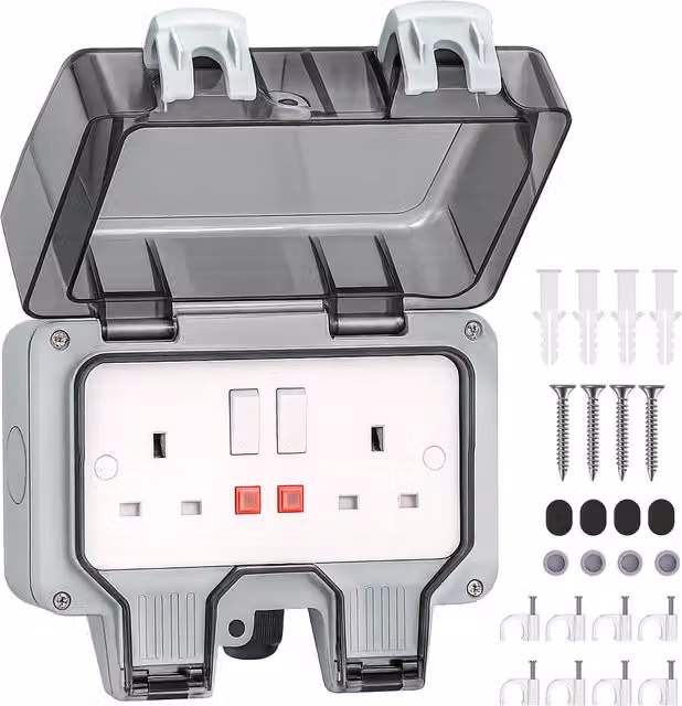 DESIRETECH Outdoor Double Switched Socket with 10m Cable, 2 Gang IP66, Grey and Transparent