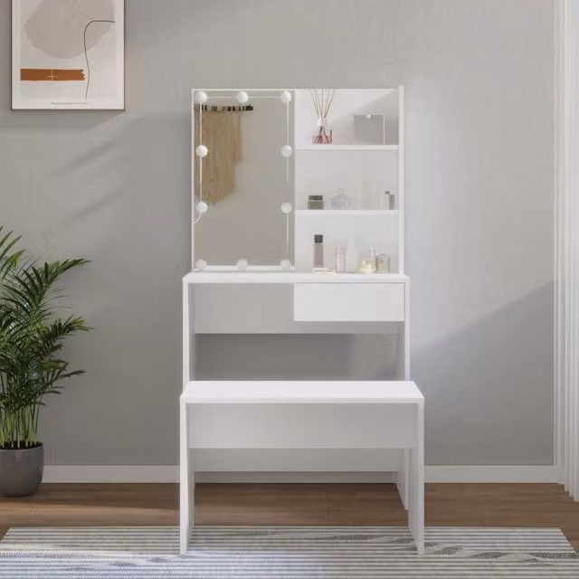 Berkfield Home Hollywood LED Dressing Table Set in White Matt MDF – 1