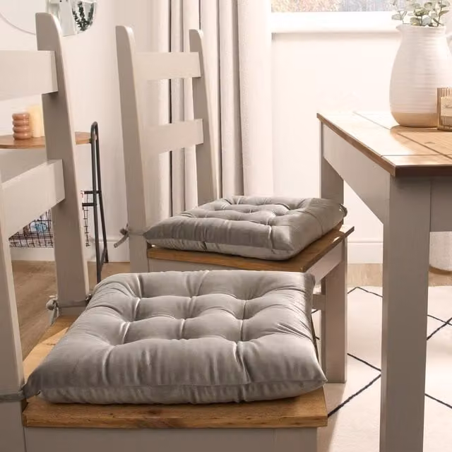 OHS Pack of 2 Silver Matte Velvet Quilted Square Dining Chair Seat Pads with Removable Covers