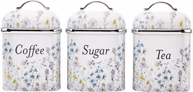 Laura Ashley Set of 3 White Enamel Floral Wild Meadow Canisters