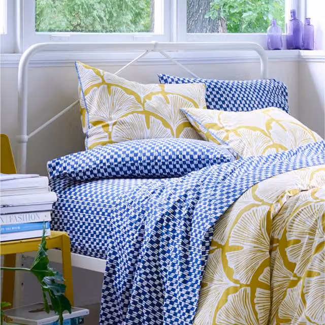 Martex Feather Palm Cotton Duvet Cover and Pillowcase Set, Yellow/Multicolour, W: 140 cm, H: 200 cm