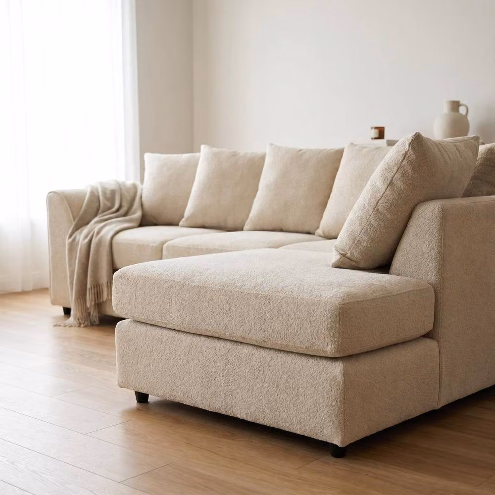 Abakus Direct Harriet Boucle Fabric Right Facing Corner Sofa with Chaise and Scatter Cushions in Sand – 3