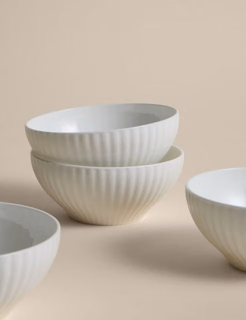M&S Set of 4 Hampton Fluted Bone China Cereal Bowls in White