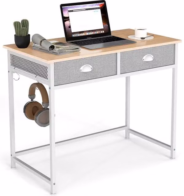 Gymax Computer Desk and Vanity Desk with 2 Drawers in White and Beige, W: 90 cm, H: 115 cm