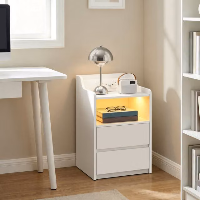 Yaheetech Modern White Wood Bedside Table with Integrated Lighting