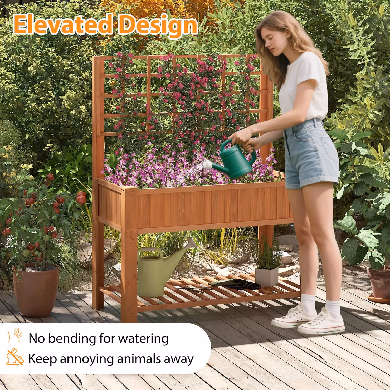 Gymax Wooden Elevated Planter Box with Trellis and Shelf in Brown, W/D/H: 150 x 59 x 109 cm – 5