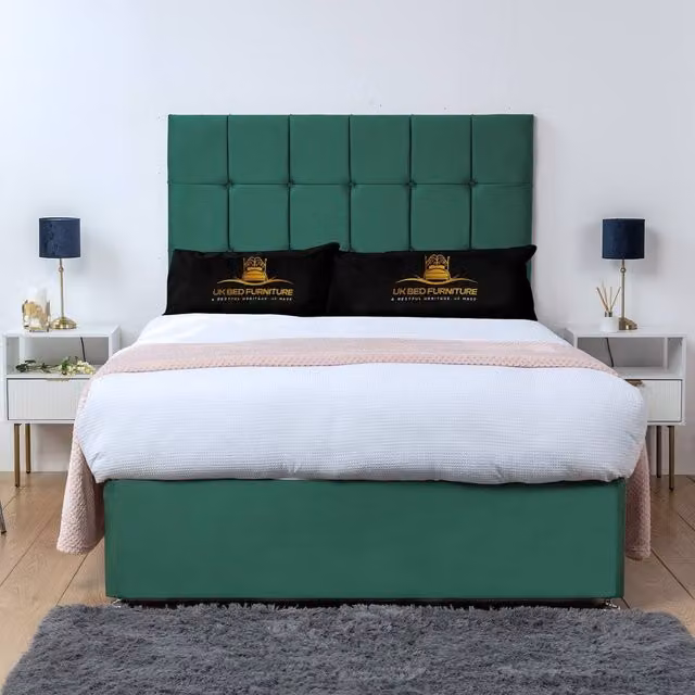 UK Bed Furniture Florence Divan Bed Base with 26 Inch Headboard in Green, Double, W/D/H: 140 x 200 cm