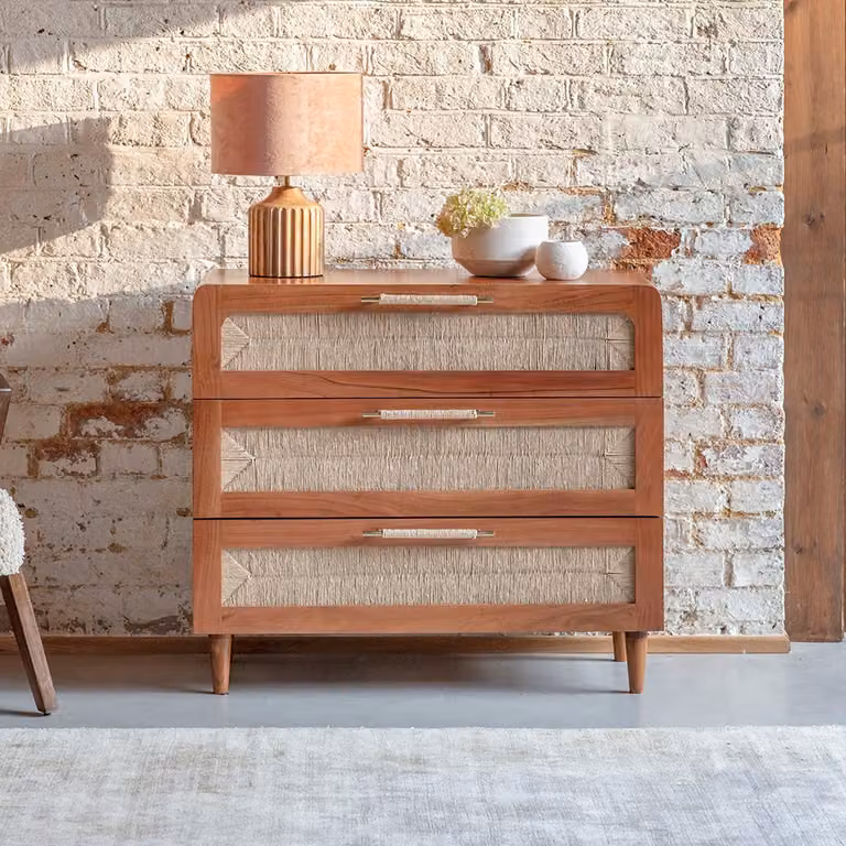 Atkin & Thyme Maya Chest Of Drawers in Brown Acacia Wood and Rattan