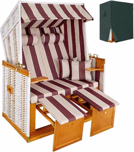 tectake Sylt 2 Seater Beach Chair in Red with Cushions, Footrest, Sun Canopy and Rain Cover – 1