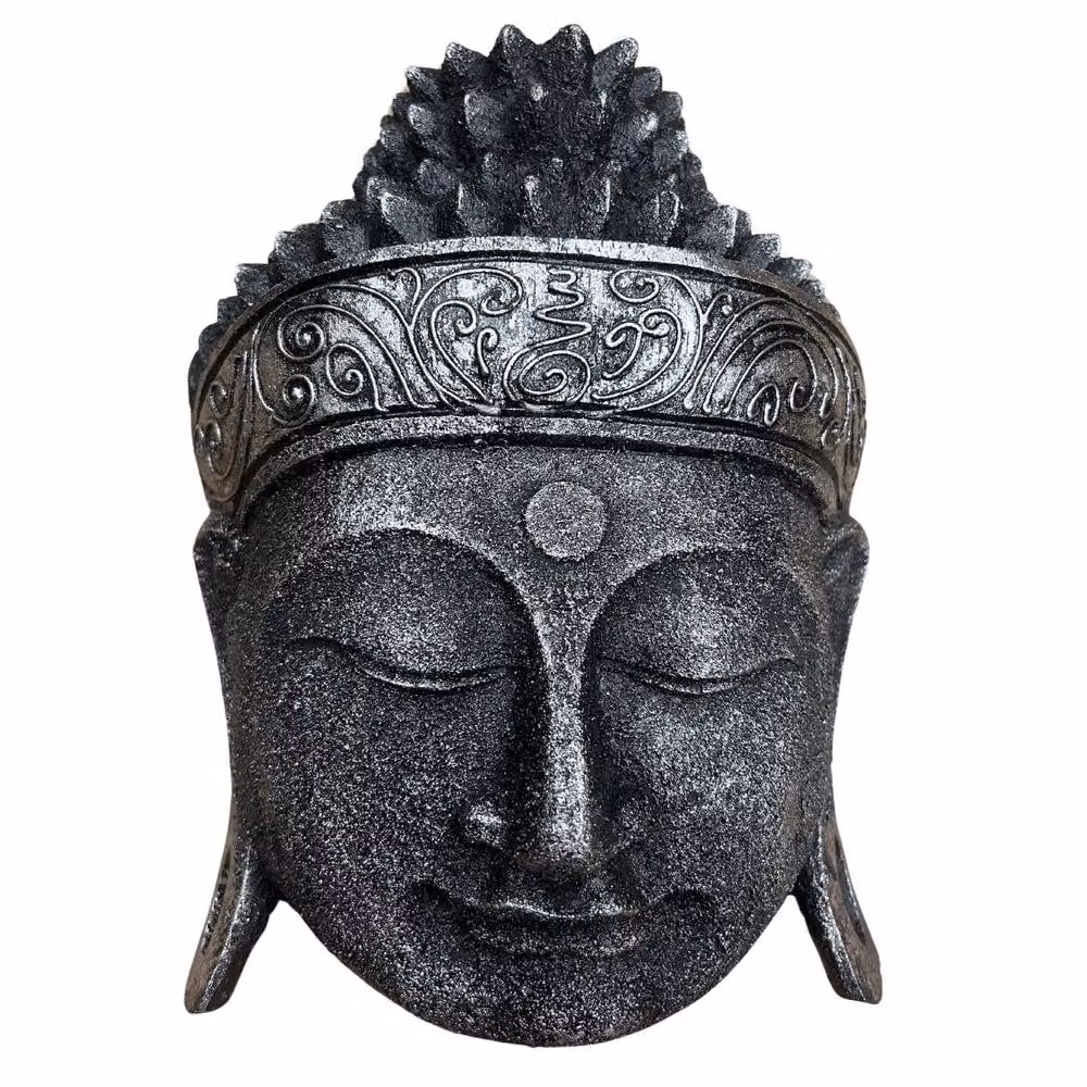 Ancient Wisdom Handcrafted Wooden Buddha Head Decoration in Silver Shine Finish, Height: 24 cm – 2