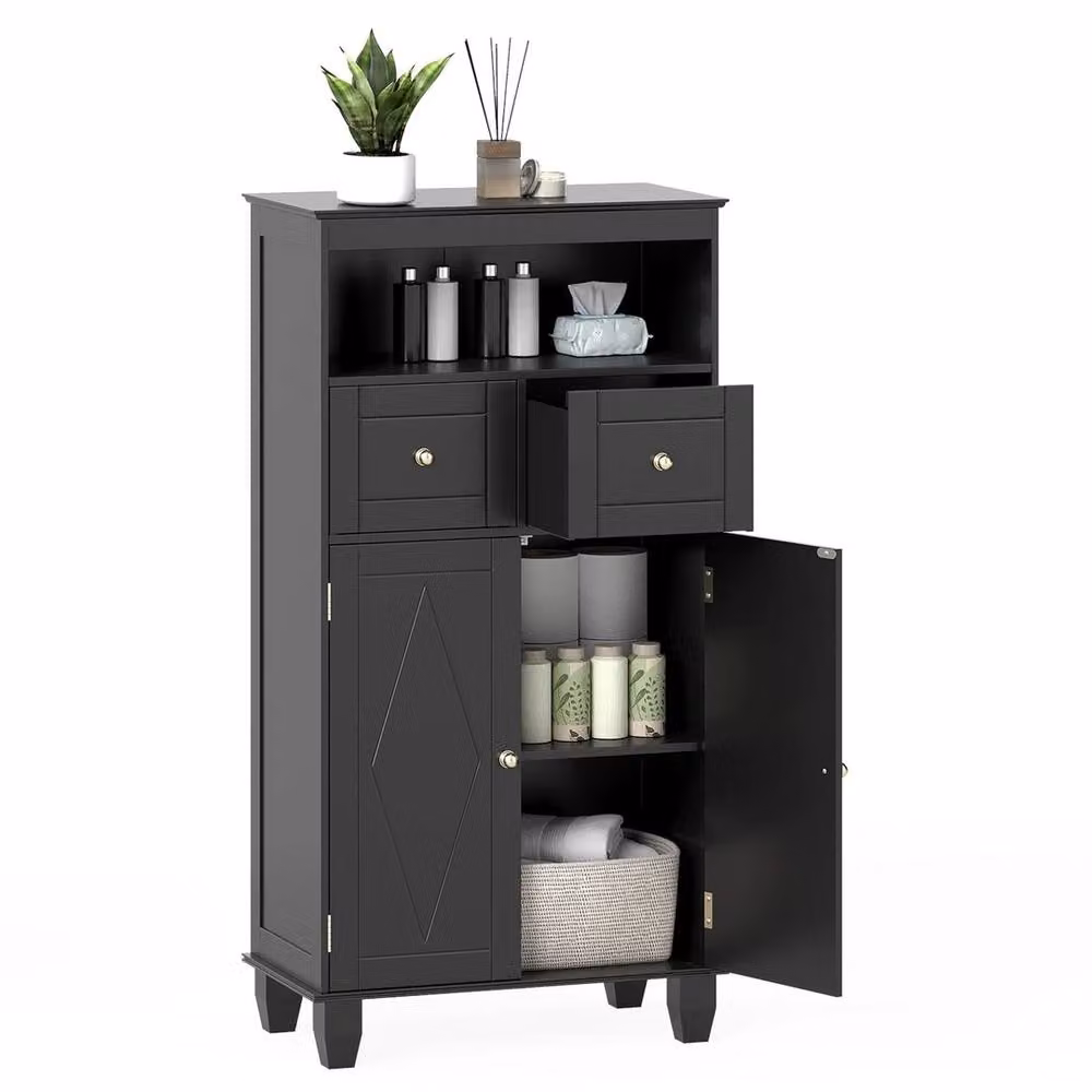 VOGREX Black Wide Freestanding Bathroom Cabinet with 2 Hinged Doors, 2 Internal Drawers and Adjustable Shelves, W/D/H: 108.0 x 56.0 x 2.0 cm – 3