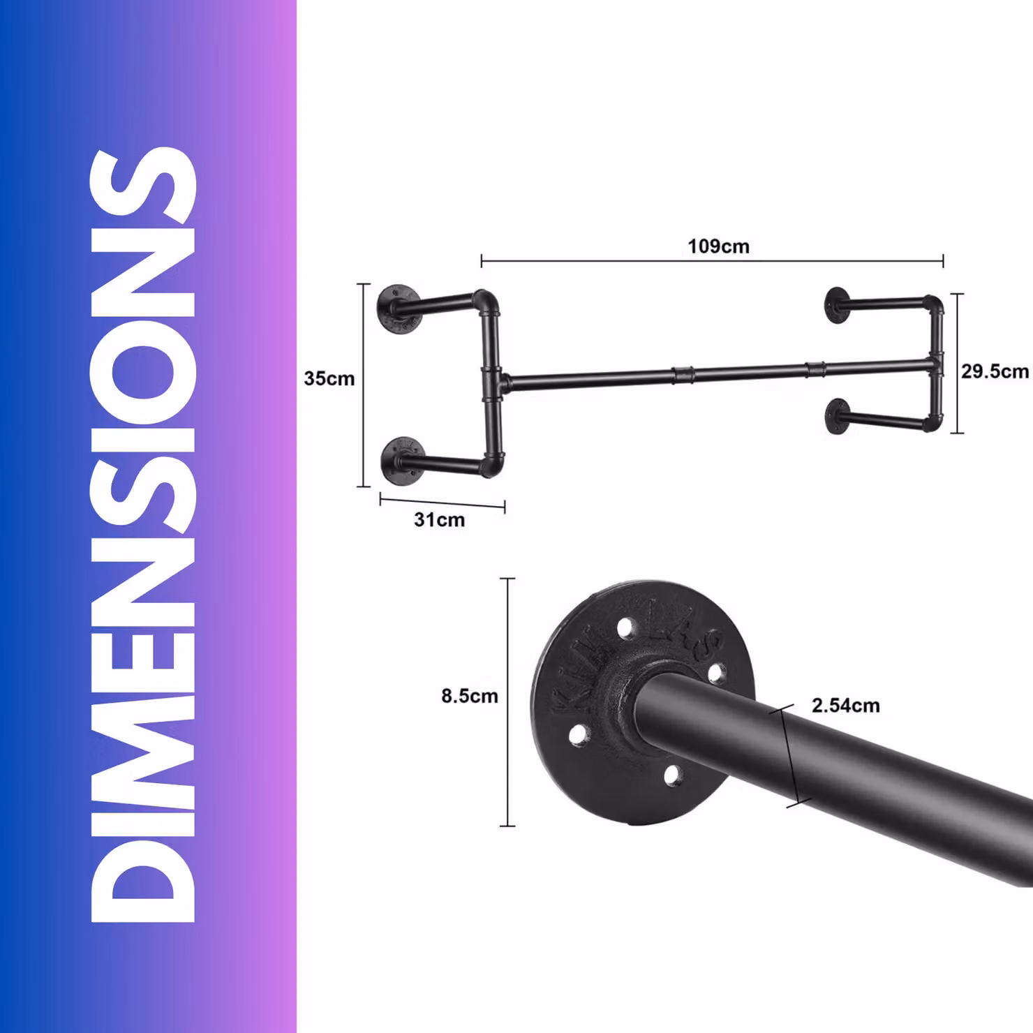 Pirlo Plush Industrial Heavy Duty Wall-Mounted Metal Clothes Hanging Rail in Matt Black, W: 109 cm, H: 31 cm, D: 25 cm – 5