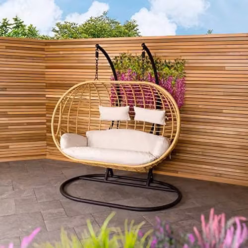 Charles Bentley Double Hanging Rattan Swing Chair in Beige and Sand with Cushions, W/D/H: 127 x 167 x 196 cm – 1