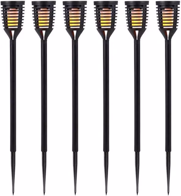 VOGREX 6 Pack Solar LED Flickering Flame Torch Stake Lights in Black