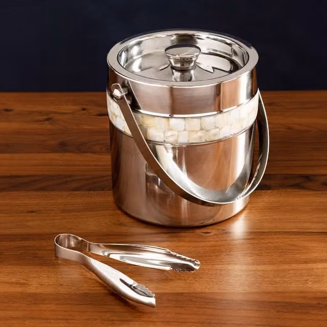 Orsina Silver Stainless Steel Ice Bucket with Lid and Tongs featuring Mother of Pearl Geometric Inlay