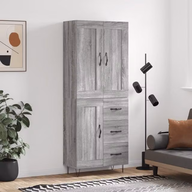 Berkfield Home Modern Grey Sonoma Highboard with Hinged Doors and Internal Shelves, W/D/H: 69.5 x 34 x 180 cm