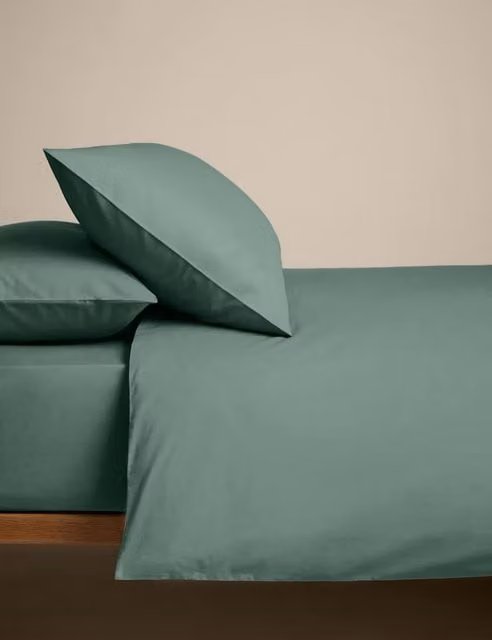 M&S Cotton Rich Percale Duvet Cover Set, Smokey Green, W: 140 cm, L: 200 cm
