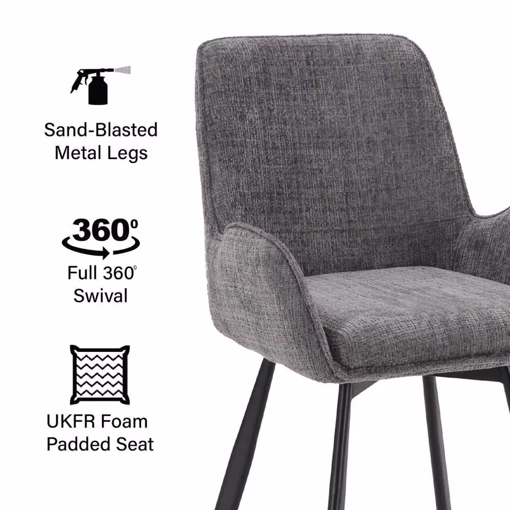 KORVIXA Pack of 2 Grey Fabric 360 Swivel Dining Chairs with Armrests – 3