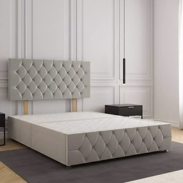 Regional Furnishings Small Double Divan Bed with 24 inch Plush Velvet Headboard and Footboard in Silver, W/D/H: 120 x 200 cm