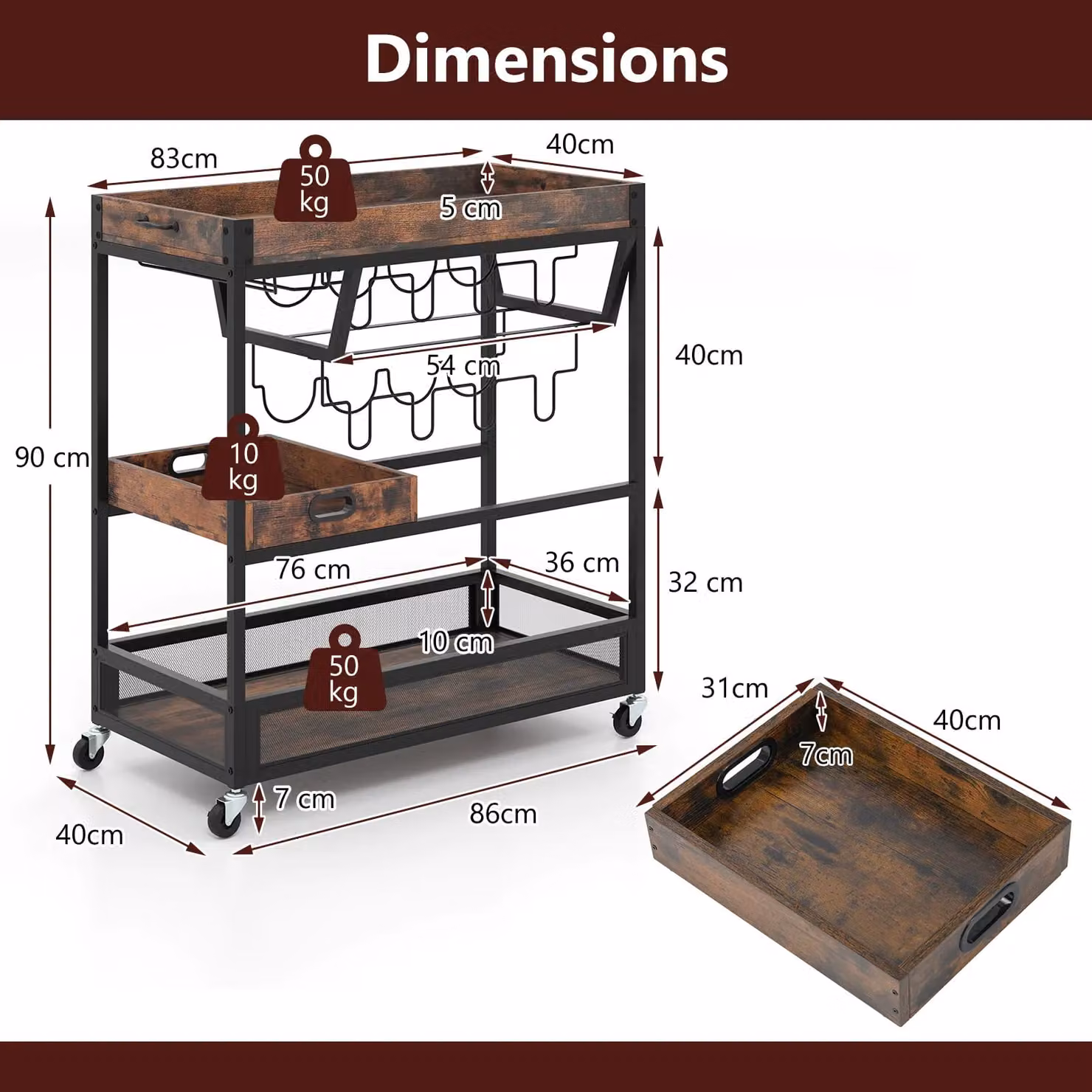 Costway 3-Tier Kitchen Serving Cart Storage Trolley with Removable Tray in Brown – 2