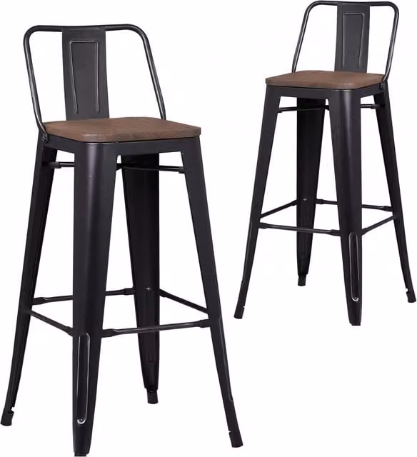 Pollux Pair of Minimalist Matte Black Metal Bar Stools with Wooden Seats