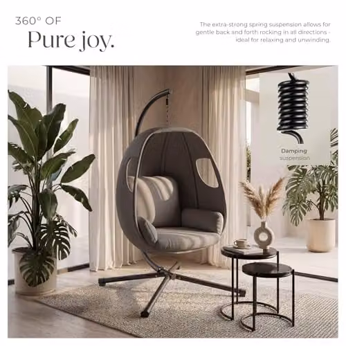tectake Hanging Egg Chair with Steel Stand and Thick Cushions in Anthracite Grey – 7