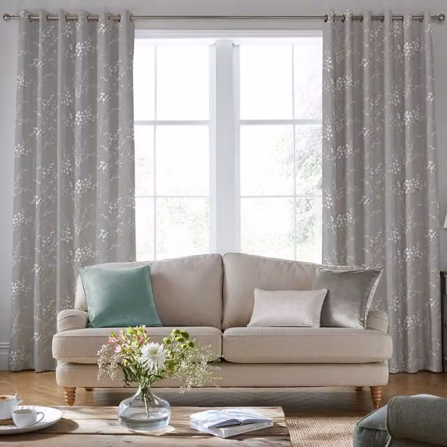 Laura Ashley Pussy Willow Made To Measure Eyelet Curtains in Grey Floral Viscose and Linen Fabric