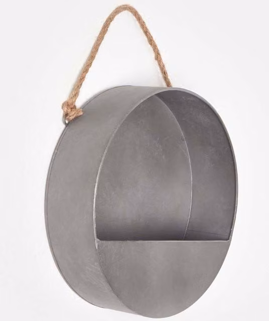 Homescapes Round Metal Hanging Wall Planter in Grey and Silver, Diameter: 30 cm