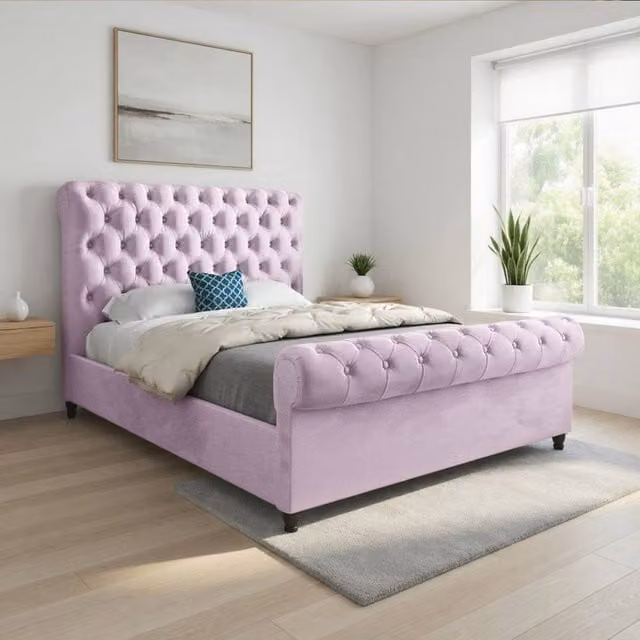 Casani Stourpaine Sleigh Upholstered Bed Frame in Pink Soft Velvet, W/D/H: 140 x 200 x 119 cm
