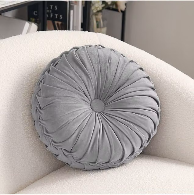 Living and Home Grey Velvet Pleated Pumpkin Shape Throw Pillow, Diameter: 45 cm
