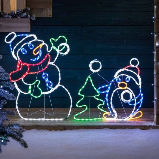 NESTLUNE Animated LED Snowman and Penguin Christmas Light in Multicolour and White, H 100 cm x W 15 cm – 1