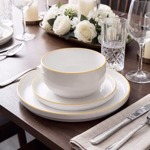 Waterside 12-Piece White and Yellow Porcelain Dinner Set – 1