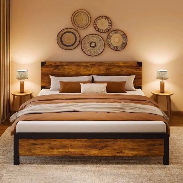 VOGREX Brown Wood Bed Frame with Headboard, Platform and Under-Bed Storage Drawers – 1