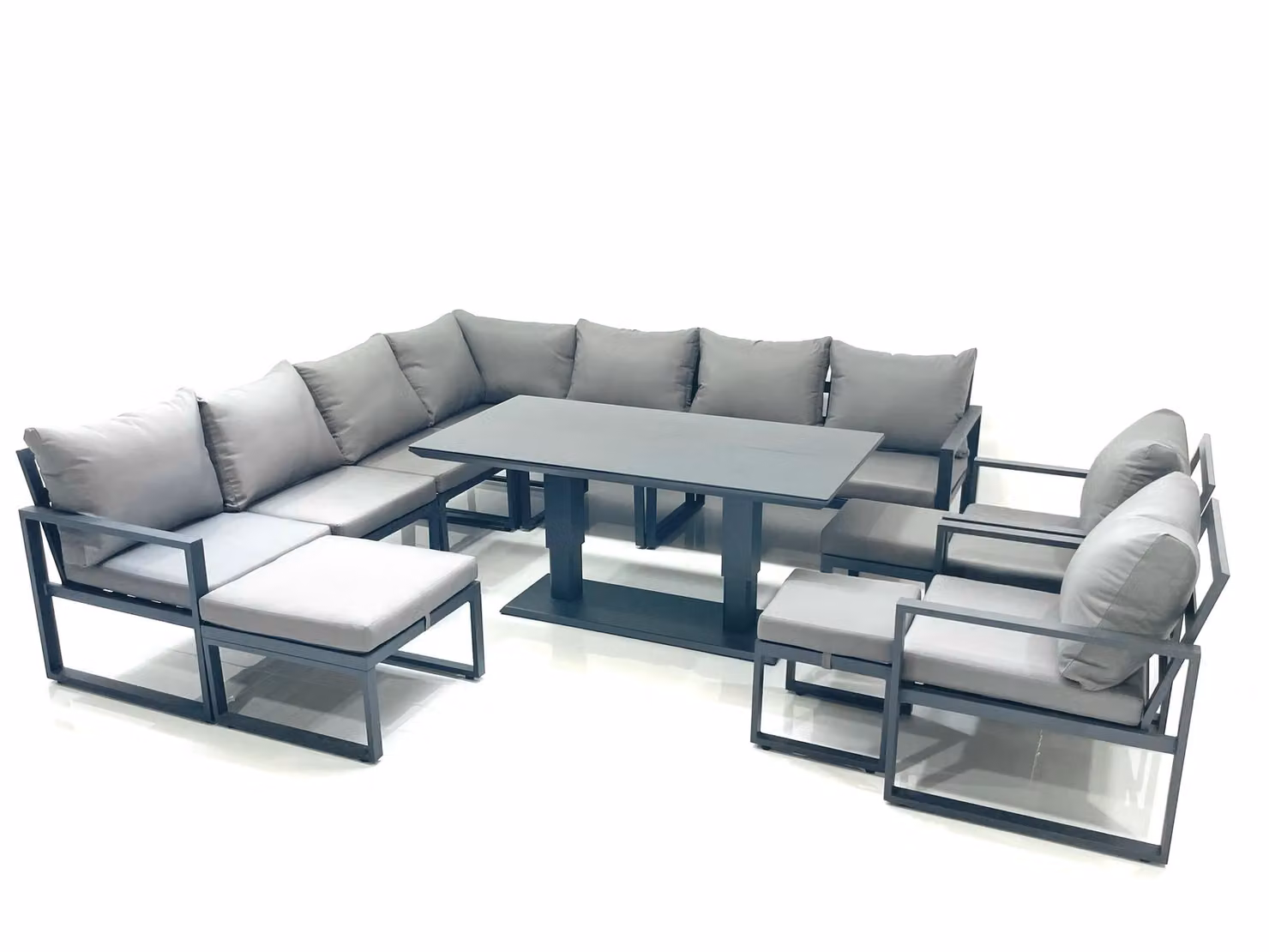 Fimous 12 Seater Outdoor Aluminium Garden Furniture Set in Dark Grey with Corner Sofa, 2 Chairs, 3 Footstools and Height Adjustable Dining Table – 2