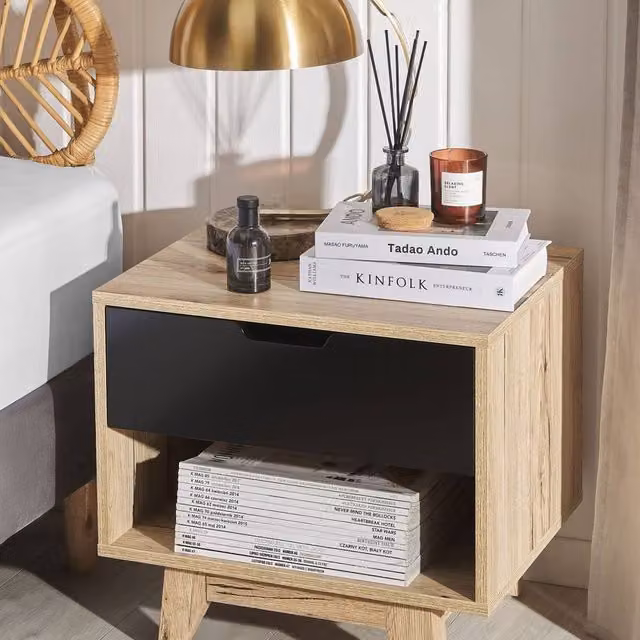 Wyld and Coco Minimalist Scandinavian Bedside Table in Brown with 1 Drawer, W/D/H: 46 x 50 x 46 cm – 1