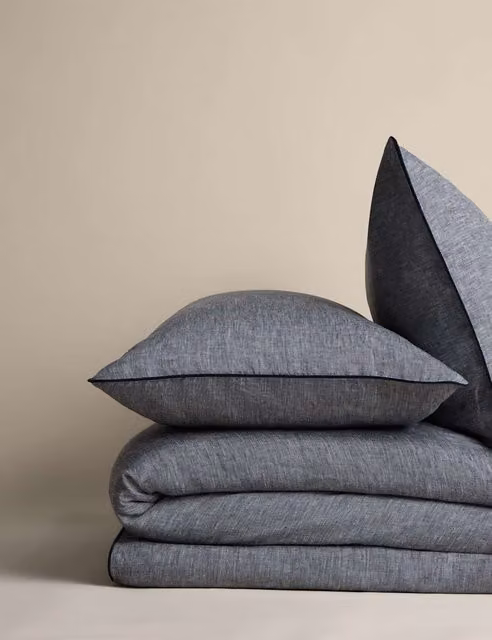 M&S Pure Linen Chambray Bedding Set, Blue, W: 180 cm, H: 200 cm