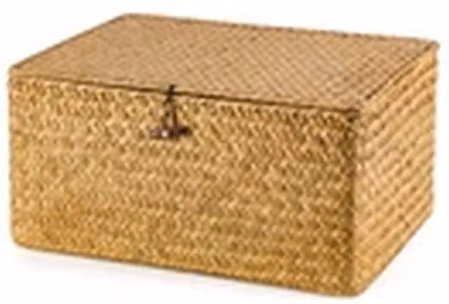 EONLION Brown Seagrass Storage Hamper with Lid Woven Wicker Basket