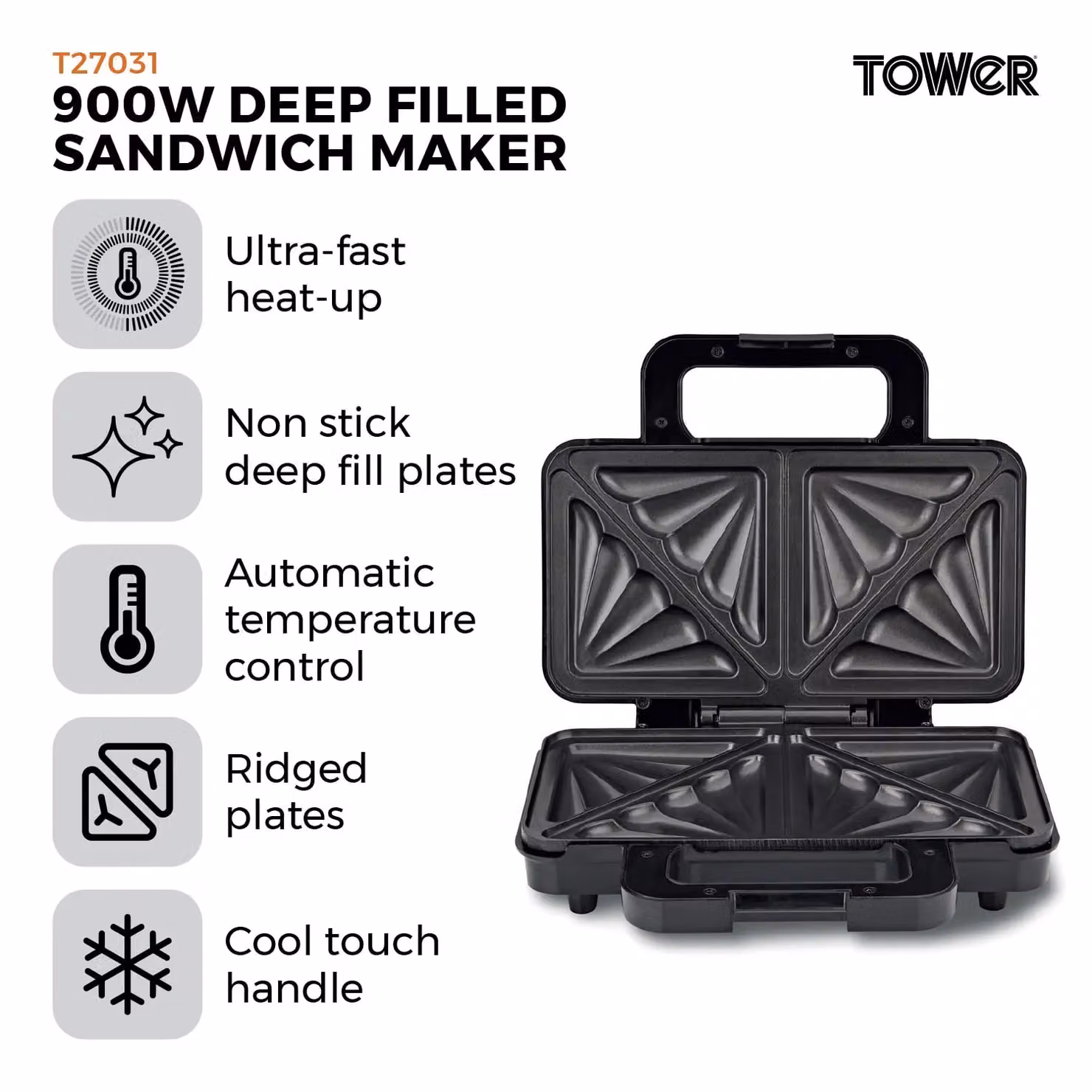 Tower T27031 Deep Filled Sandwich Maker with Non-Stick Ceramic Plates, 900W, Silver – 3