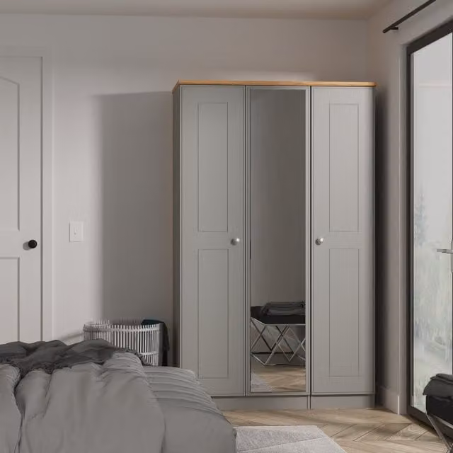 Victoria Ready Assembled Triple Mirror Wardrobe in Dusk Grey and Riviera Oak