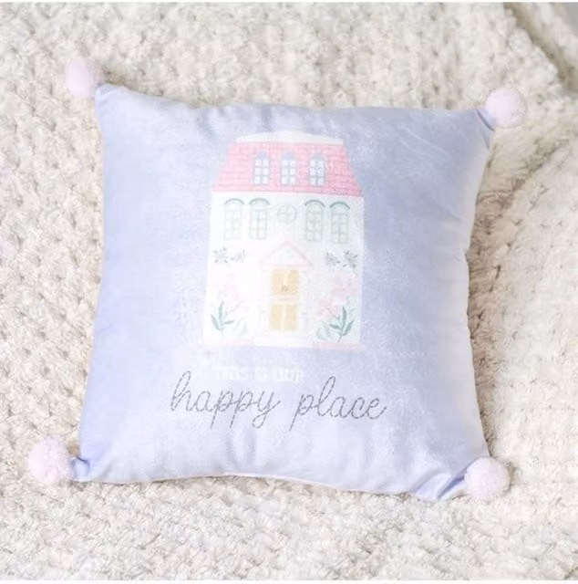 KDMD Happy Place Square Graphic Cushion in Pastel Blue and Pink