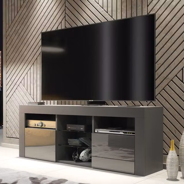 Creative Furniture Modern TV Unit in Grey with High Gloss Doors, W: 145 cm, H: 53 cm, D: 35 cm