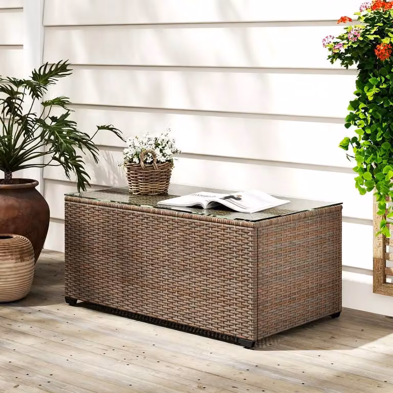 STILVORA Rattan Side Table with Glass Top in Brown