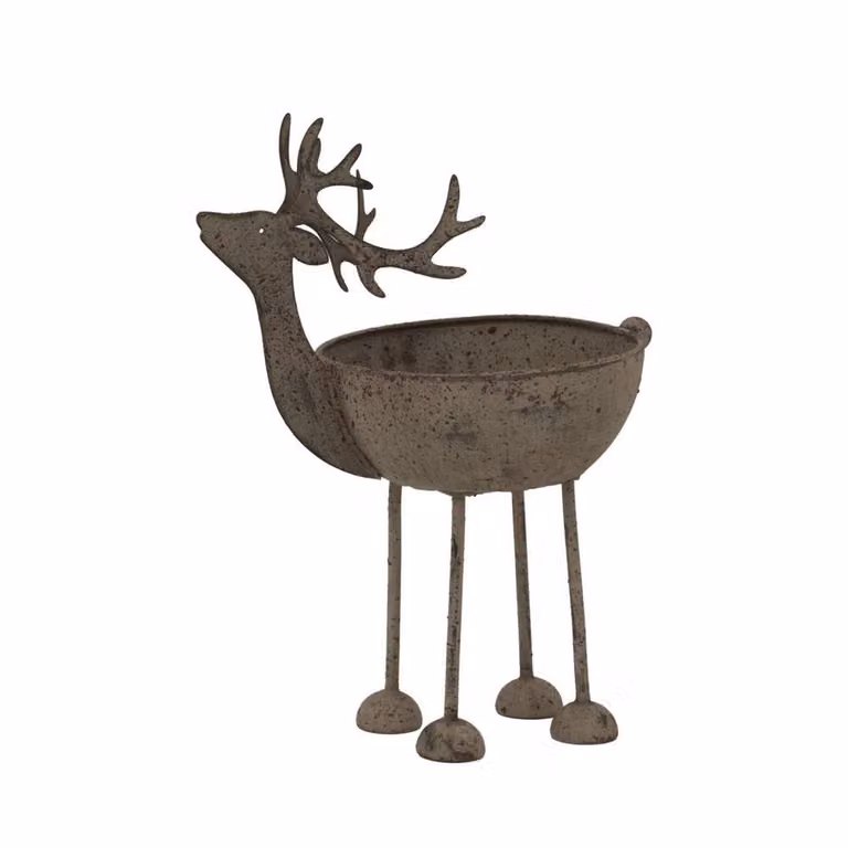 Lemon Pavilion Rustic Reindeer Metal Bowl Decoration in White and Brown, W14 x D9 x H18 cm