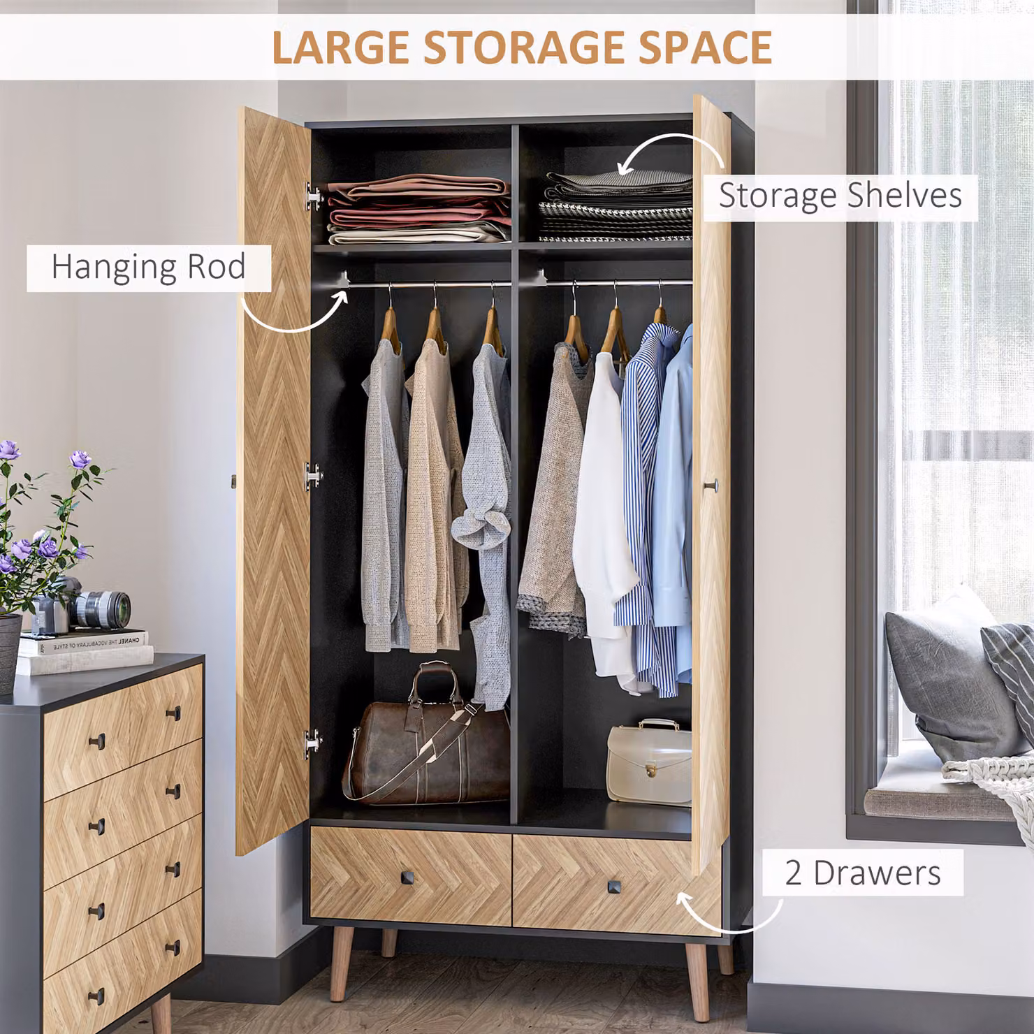 HOMCOM Essential Wardrobe Cabinet in Brown Wood with Hanging Rails, 2 Drawers and 4 Sections – 4