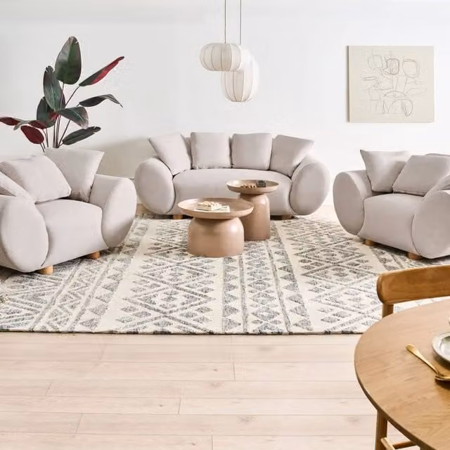Wyld and Coco Light Beige Fabric Living Room Set with Sofa, Two Armchairs and Rubberwood Frame