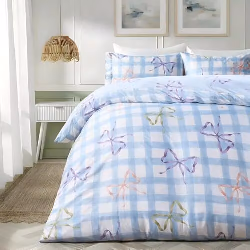 OHS Blue Gingham Microfibre Reversible Double Duvet Cover and Pillowcase Set