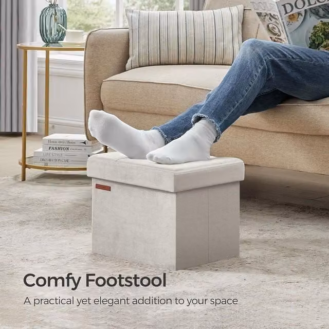 SONGMICS Compact Rectangular Foldable Storage Ottoman Foot Rest in White Velvet Fabric – 1