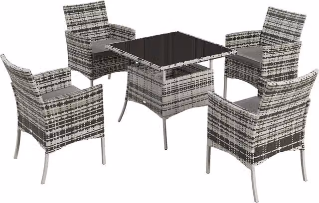 Outsunny 5 Piece Outdoor Dining Set with Tempered Glass Tabletop and 4 Armchairs in Grey