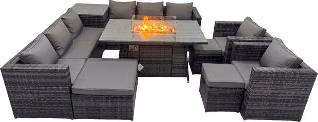 Fimous 11 Seater U-Shape Rattan Garden Furniture Set in Dark Grey with Upholstered Cushions, Ottoman and Coffee Table